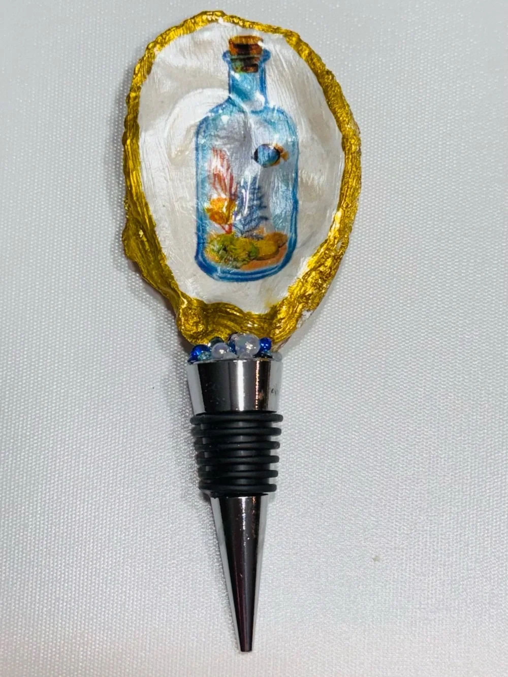 Gold-Trim Bottle Stopper with Blue Bottle Art —Handmade by Me